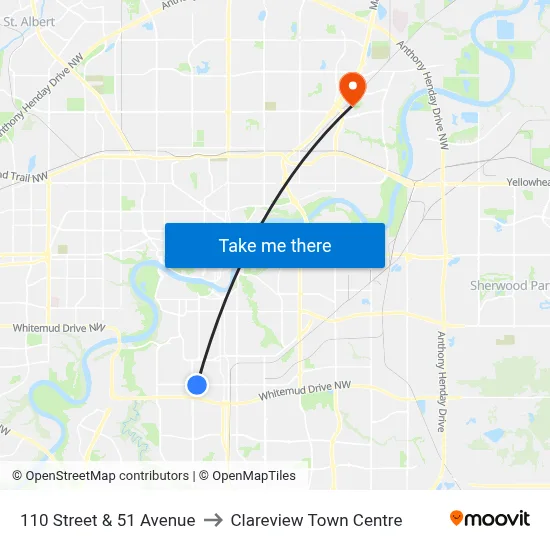 110 Street & 51 Avenue to Clareview Town Centre map