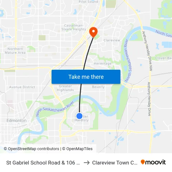 St Gabriel School Road & 106 Avenue to Clareview Town Centre map
