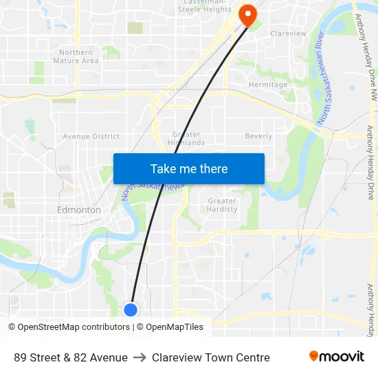 89 Street & 82 Avenue to Clareview Town Centre map