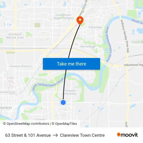 63 Street & 101 Avenue to Clareview Town Centre map