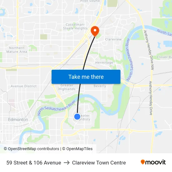 59 Street & 106 Avenue to Clareview Town Centre map