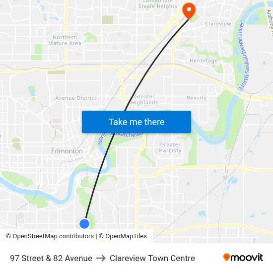 97 Street & 82 Avenue to Clareview Town Centre map
