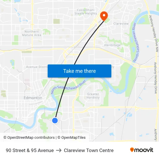 90 Street & 95 Avenue to Clareview Town Centre map