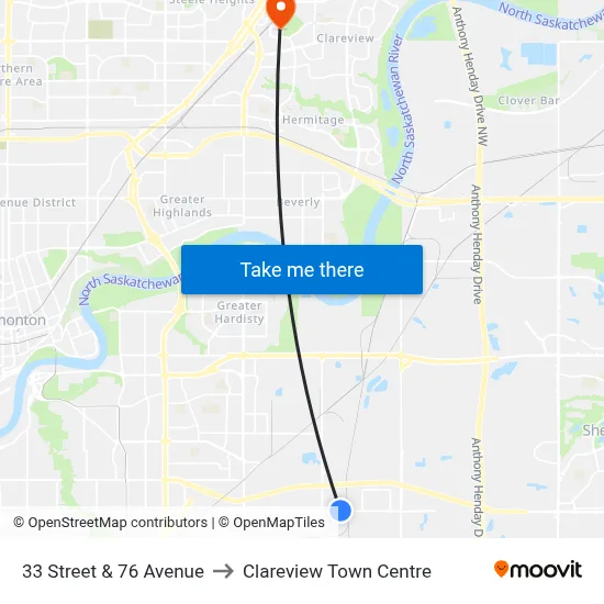 33 Street & 76 Avenue to Clareview Town Centre map