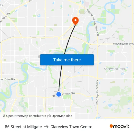 86 Street at Millgate to Clareview Town Centre map