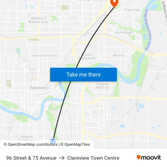 96 Street & 75 Avenue to Clareview Town Centre map