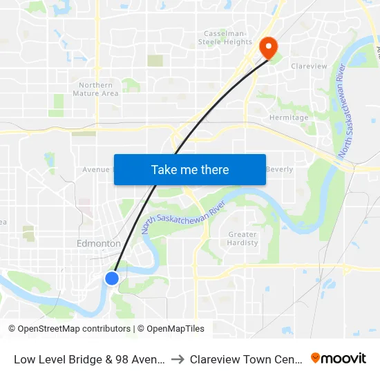Low Level Bridge & 98 Avenue to Clareview Town Centre map