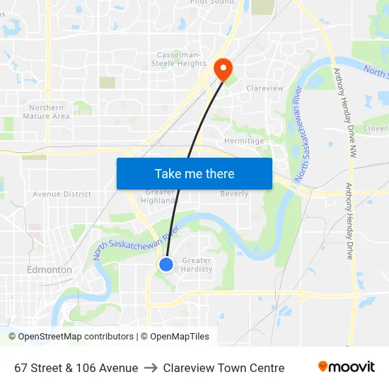 67 Street & 106 Avenue to Clareview Town Centre map