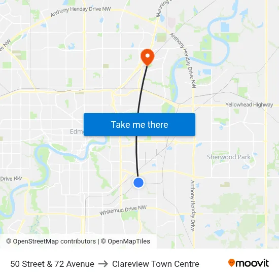 50 Street & 72 Avenue to Clareview Town Centre map