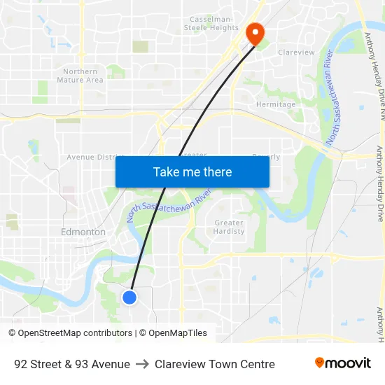 92 Street & 93 Avenue to Clareview Town Centre map