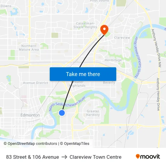 83 Street & 106 Avenue to Clareview Town Centre map