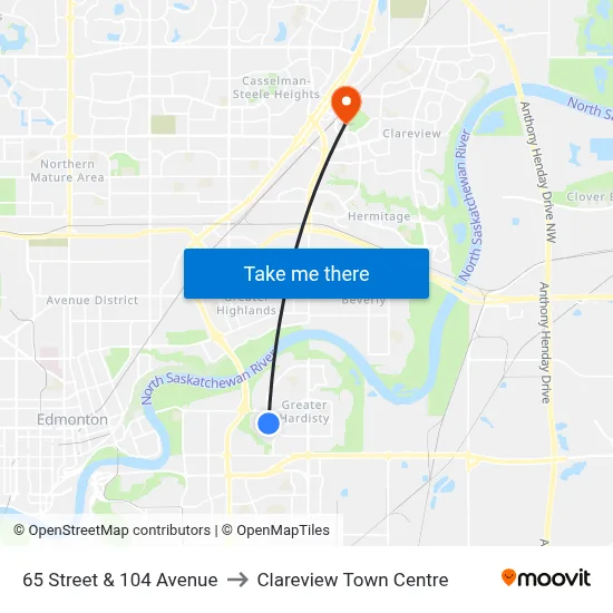 65 Street & 104 Avenue to Clareview Town Centre map