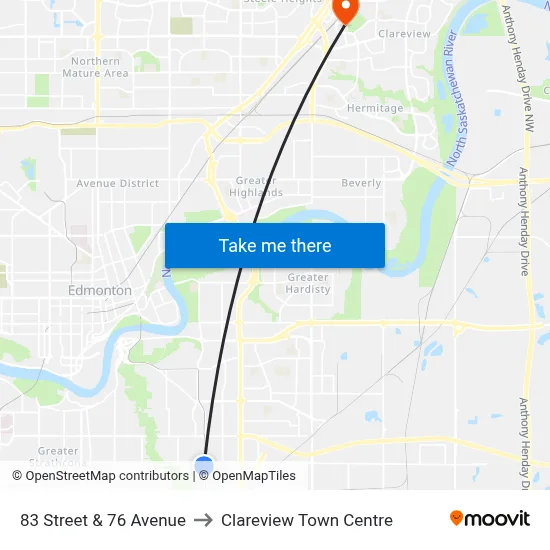 83 Street & 76 Avenue to Clareview Town Centre map