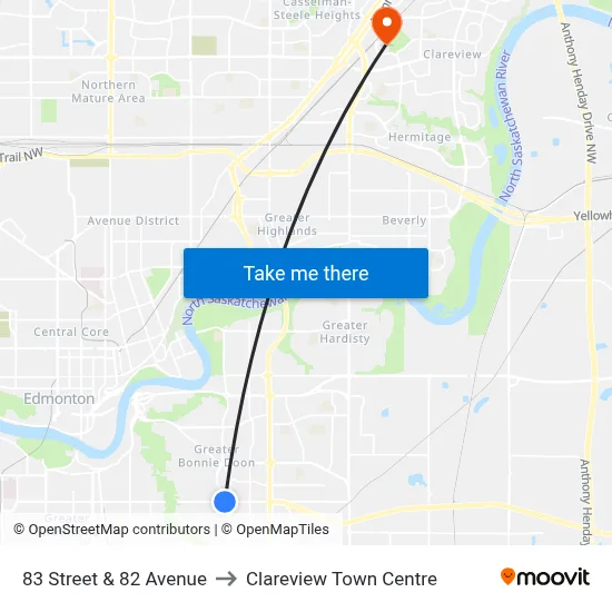 83 Street & 82 Avenue to Clareview Town Centre map