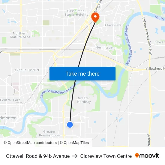 Ottewell Road & 94b Avenue to Clareview Town Centre map