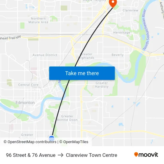 96 Street & 76 Avenue to Clareview Town Centre map