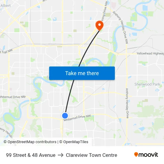 99 Street & 48 Avenue to Clareview Town Centre map