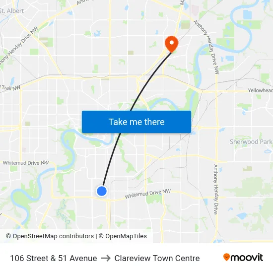 106 Street & 51 Avenue to Clareview Town Centre map
