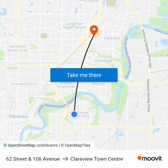 62 Street & 106 Avenue to Clareview Town Centre map