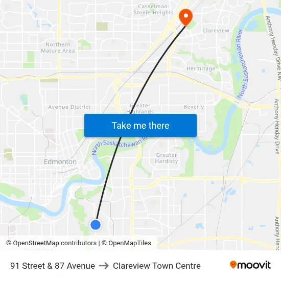 91 Street & 87 Avenue to Clareview Town Centre map