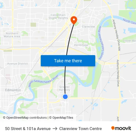 50 Street & 101a Avenue to Clareview Town Centre map
