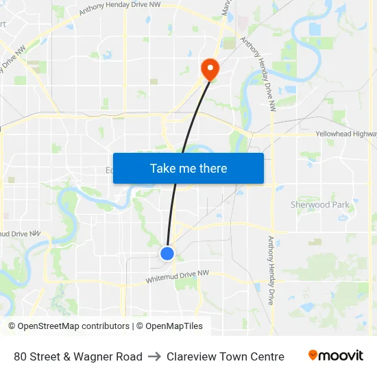 80 Street & Wagner Road to Clareview Town Centre map
