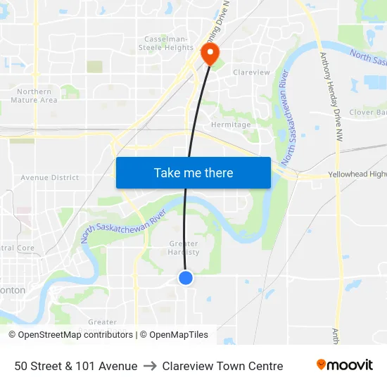 50 Street & 101 Avenue to Clareview Town Centre map