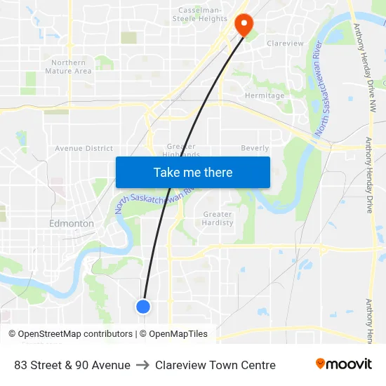 83 Street & 90 Avenue to Clareview Town Centre map