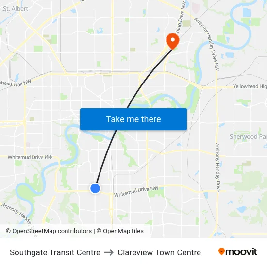 Southgate Transit Centre to Clareview Town Centre map