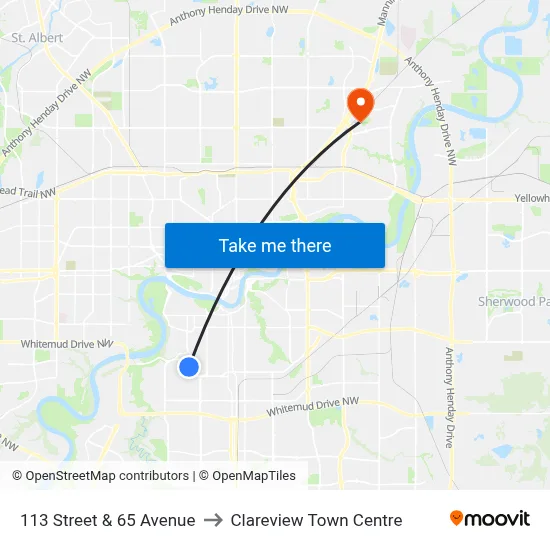 113 Street & 65 Avenue to Clareview Town Centre map