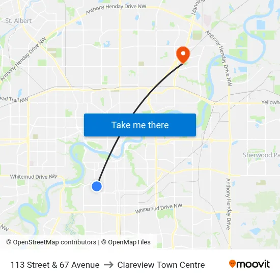 113 Street & 67 Avenue to Clareview Town Centre map