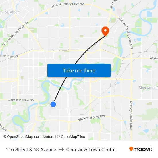 116 Street & 68 Avenue to Clareview Town Centre map