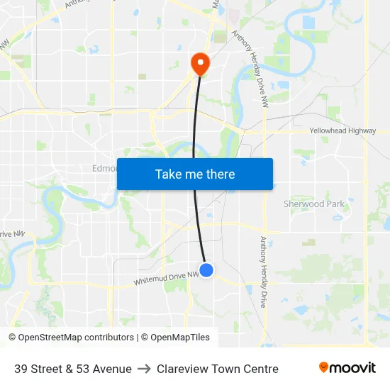 39 Street & 53 Avenue to Clareview Town Centre map