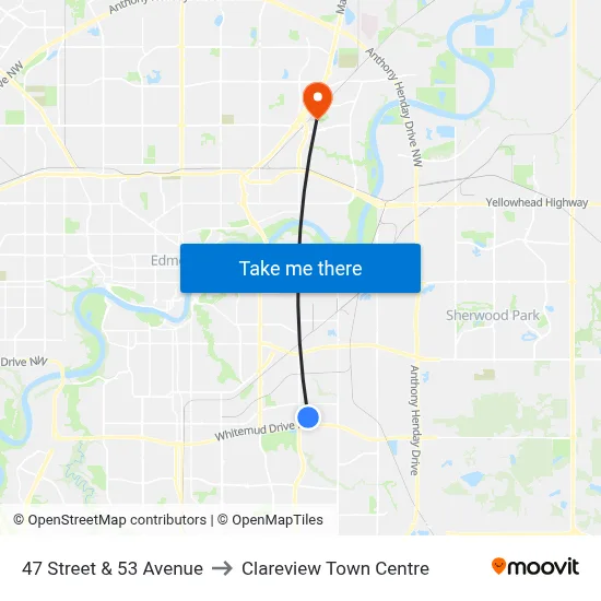 47 Street & 53 Avenue to Clareview Town Centre map