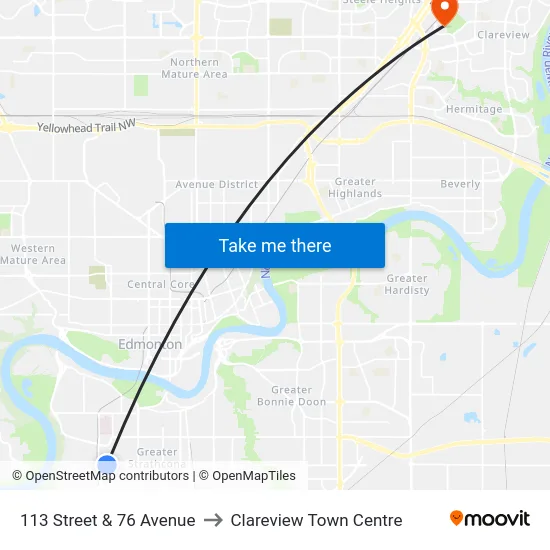 113 Street & 76 Avenue to Clareview Town Centre map
