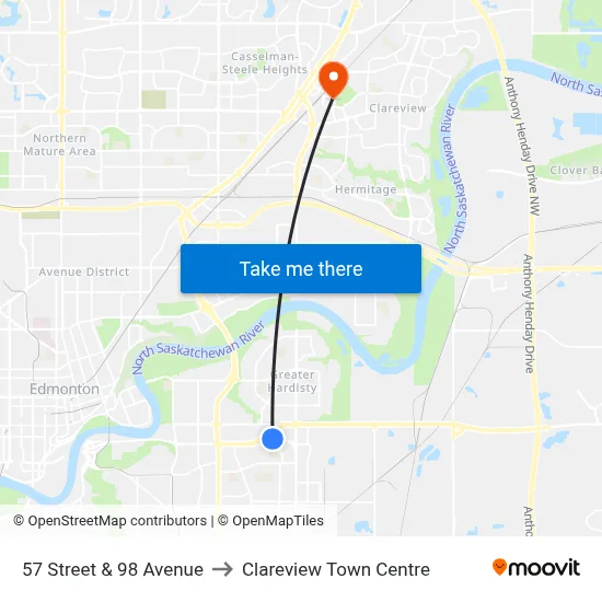 57 Street & 98 Avenue to Clareview Town Centre map
