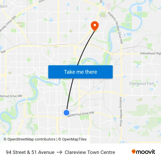 94 Street & 51 Avenue to Clareview Town Centre map