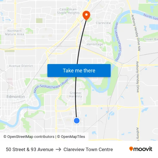 50 Street & 93 Avenue to Clareview Town Centre map
