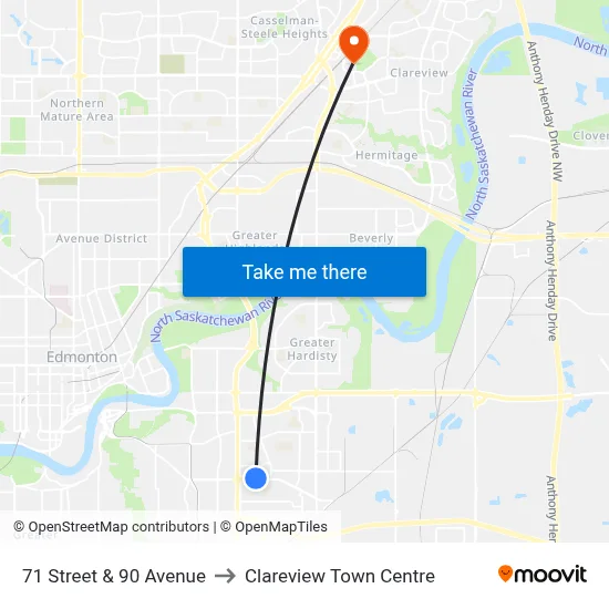 71 Street & 90 Avenue to Clareview Town Centre map