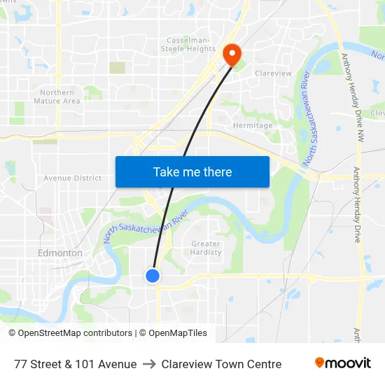 77 Street & 101 Avenue to Clareview Town Centre map