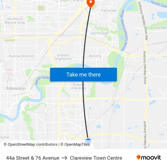 44a Street & 76 Avenue to Clareview Town Centre map