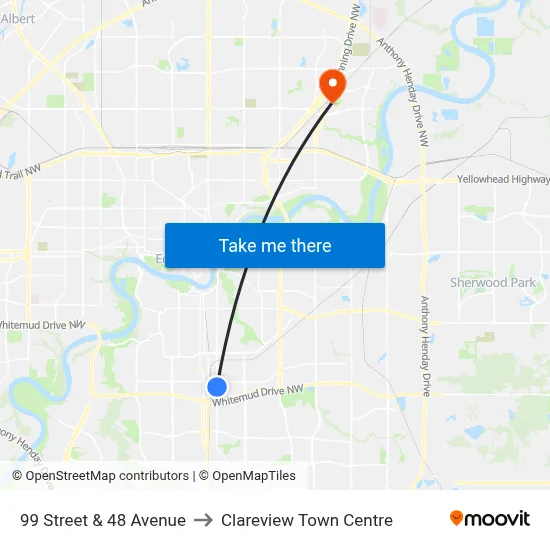 99 Street & 48 Avenue to Clareview Town Centre map