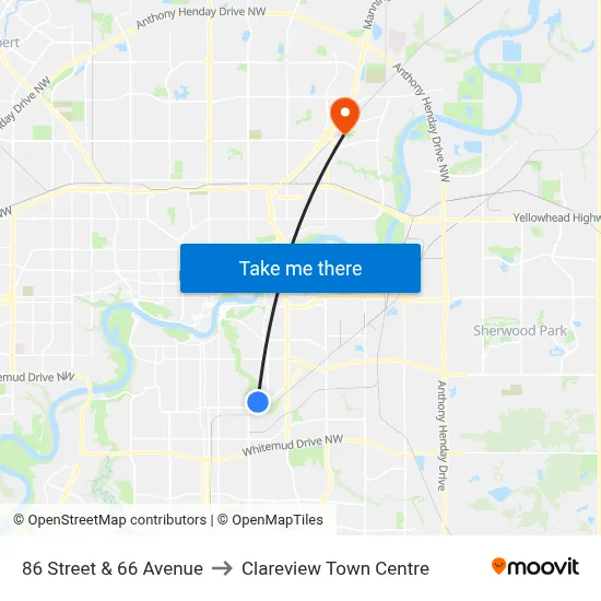 86 Street & 66 Avenue to Clareview Town Centre map