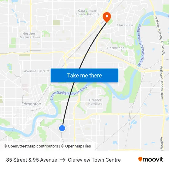 85 Street & 95 Avenue to Clareview Town Centre map
