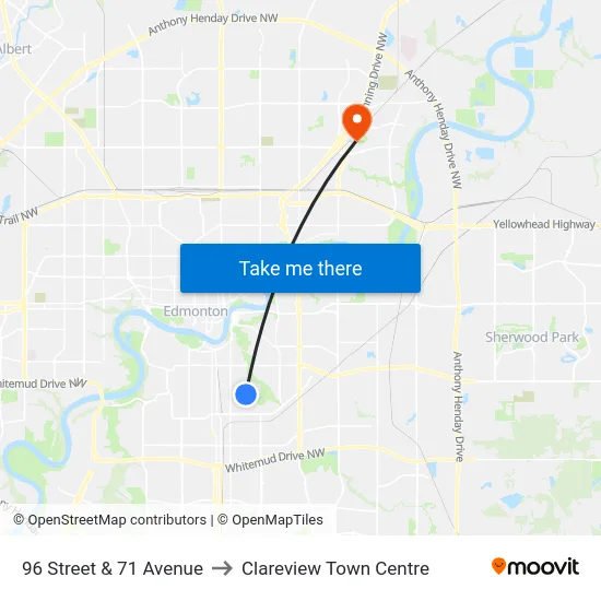 96 Street & 71 Avenue to Clareview Town Centre map