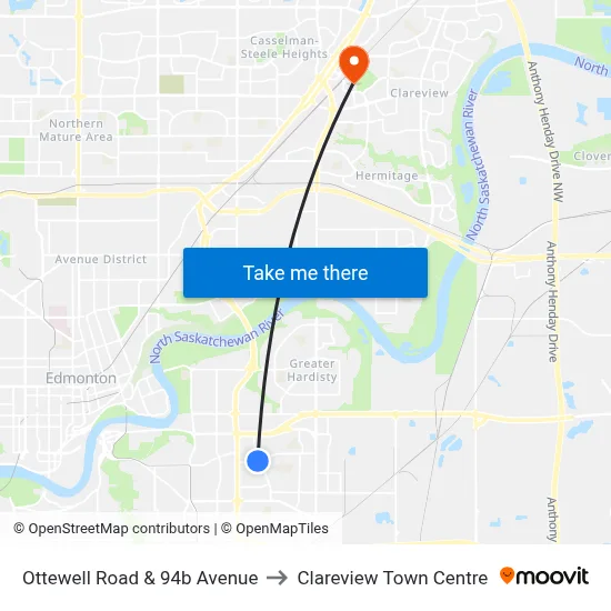 Ottewell Road & 94b Avenue to Clareview Town Centre map