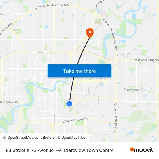 83 Street & 73 Avenue to Clareview Town Centre map