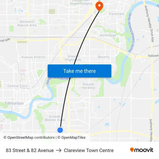 83 Street & 82 Avenue to Clareview Town Centre map