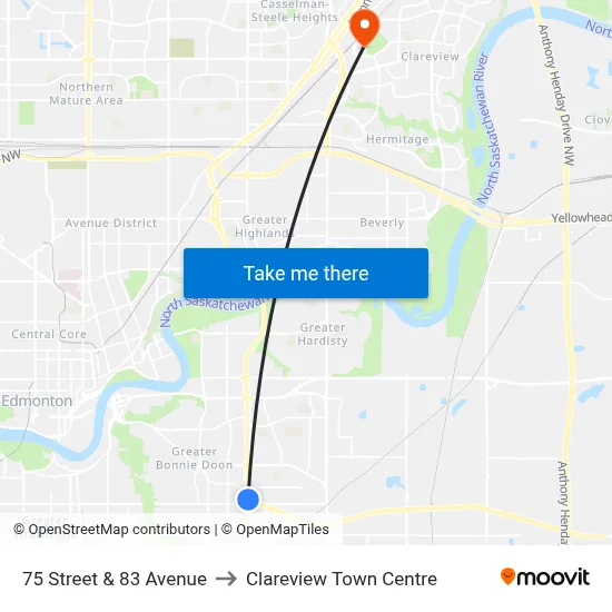 75 Street & 83 Avenue to Clareview Town Centre map
