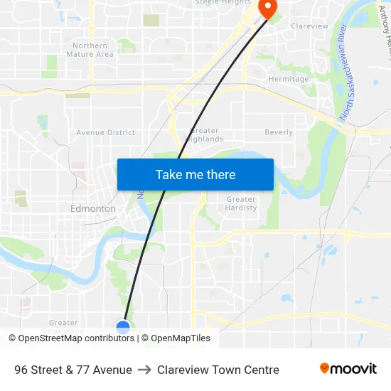 96 Street & 77 Avenue to Clareview Town Centre map